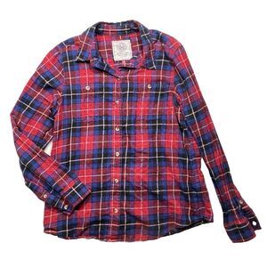 SO Button-Up Shirt Womens Large Red Blue Plaid Polka Dot Long Sleeve Top